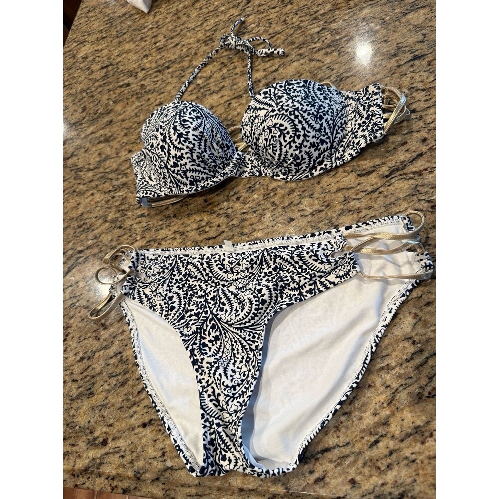 AERIE 36A Audrey Strappy Black Bikini Top With Large Bottoms Navy Gold Classic